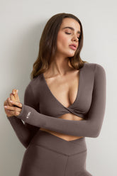 DayFlex Twist Front Long Sleeve Top - Mocha Brown