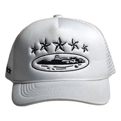 Corteiz Vintage White Trucker Hat with Black Stars and Cruise Ship Graphic