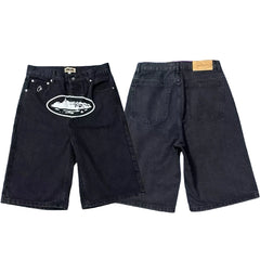 Corteiz Alcatraz Island Front Logo Heavyweight Denim Shorts - Black