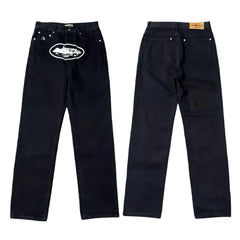 Corteiz Alcatraz Island Front Logo Heavyweight Denim Pants - Black