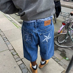 Devil's Island machine embroidered denim shorts for men's summer high street loose five quarter pants with five pointed star design mid waist denim shorts (1)