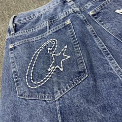 Devil's Island machine embroidered denim shorts for men's summer high street loose five quarter pants with five pointed star design mid waist denim shorts (1)