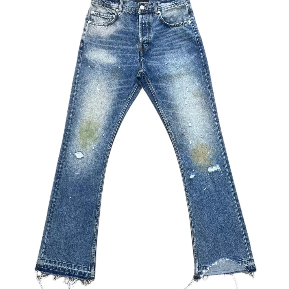 OC produces erd style blue burn damaged washed Vibe jeans for men, American high street ripped micro pull pants