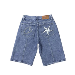Devil's Island machine embroidered denim shorts for men's summer high street loose five quarter pants with five pointed star design mid waist denim shorts (1)