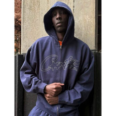 Corteiz Vibe American Street Hip Hop Embroidered Velvet Knitted Cardigan Hoodie Sportswear Men's Trendy Set Coat