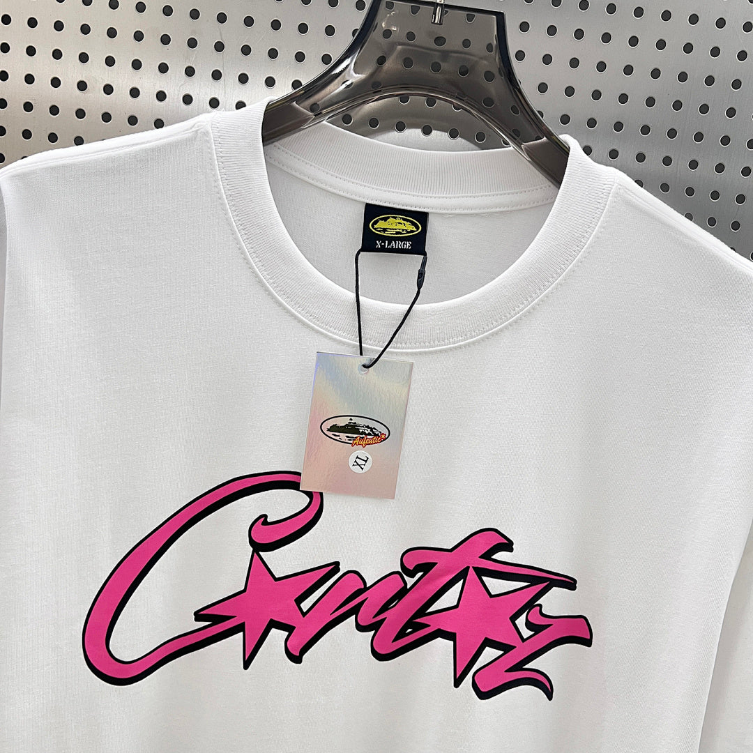 Corteiz CRTZ Script Graffiti Oversized Tee – White/Pink