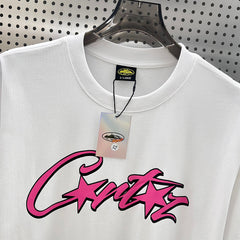 Corteiz CRTZ Script Graffiti Oversized Tee – White/Pink