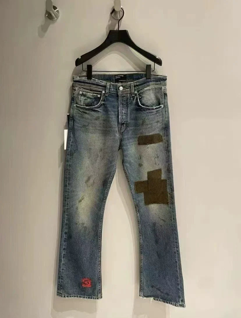 Echo Alley Cross Patch Distressed Flare Jeans — Washed Blue