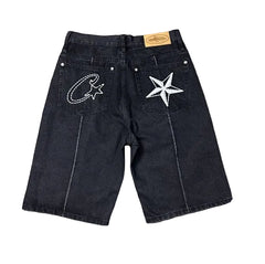 Devil's Island machine embroidered denim shorts for men's summer high street loose five quarter pants with five pointed star design mid waist denim shorts (2)