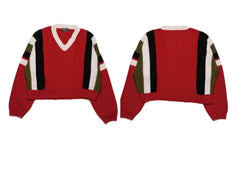 ERD Color-Block Stripe V-Neck Cropped Sweater - Red/Black/Olive/Cream