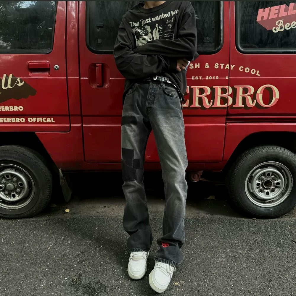 ERD 24FW Melancholic Rich Second Generation Black Corduroy Patch Damaged Embroidered Party Pants