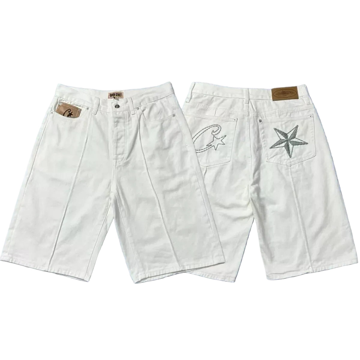 Corteiz Back Star Embroidery Heavyweight Denim Shorts - White