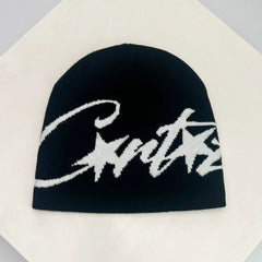 Corteiz Oversized Script Knit Beanie – Black / Grey / Curry