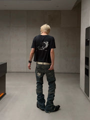 Cousin produces ERD melancholic rich second-generation six pointed star patch, distressed distressed, washed retro micro flared jeans