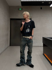 Cousin produces ERD melancholic rich second-generation six pointed star patch, distressed distressed, washed retro micro flared jeans