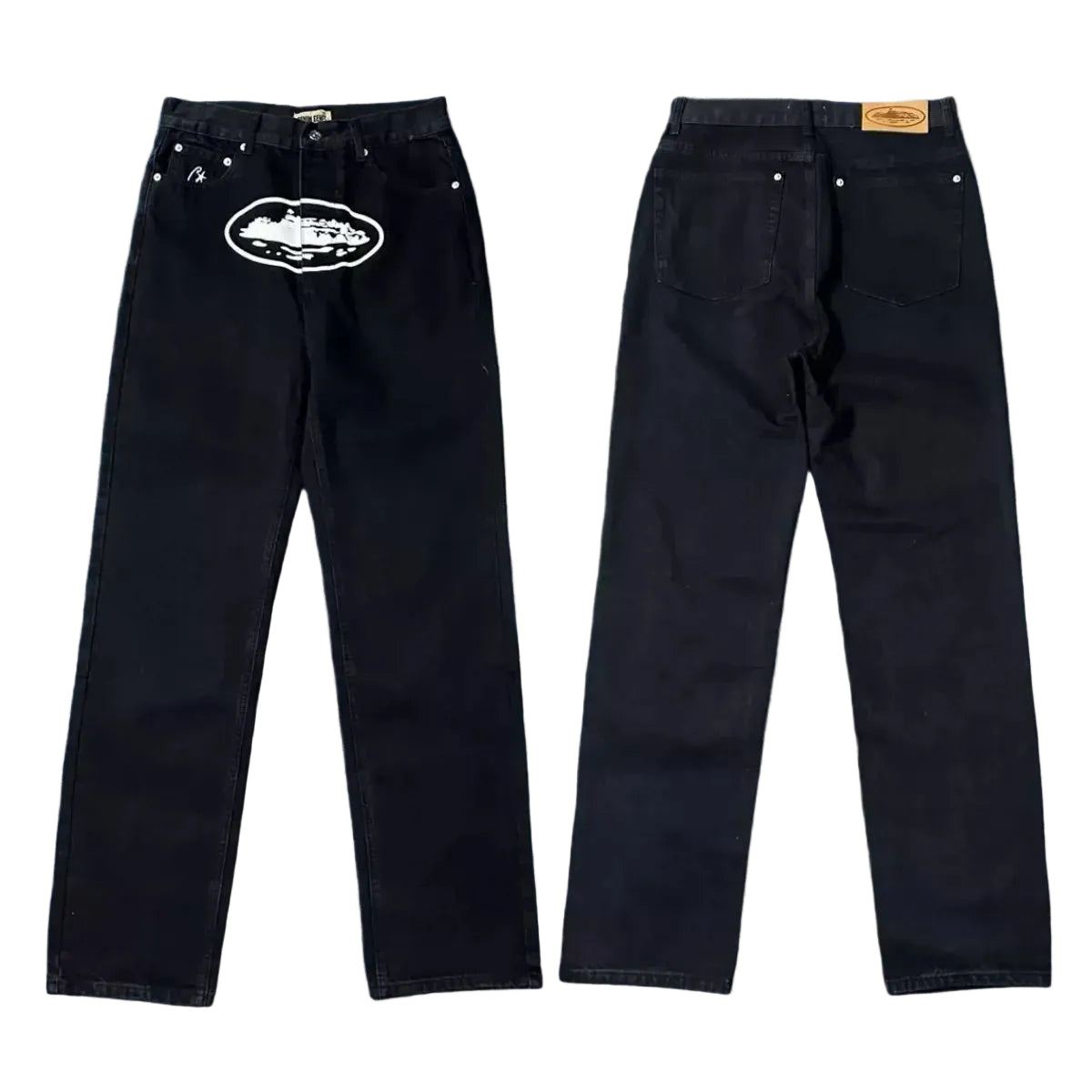 Corteiz Alcatraz Island Front Logo Heavyweight Denim Pants - Black