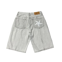 Devil's Island machine embroidered denim shorts for men's summer high street loose five quarter pants with five pointed star design mid waist denim shorts (3)