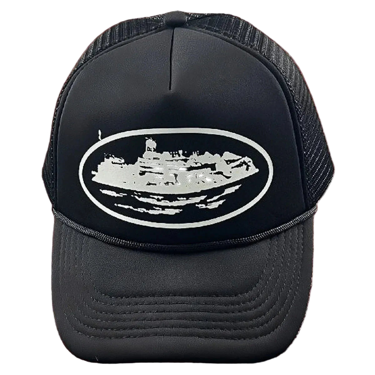 Cortiez Bold White Oval Ship Logo Trucker Hat - Black