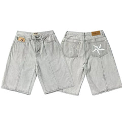 Corteiz Back Star Embroidery Heavyweight Denim Shorts Grey