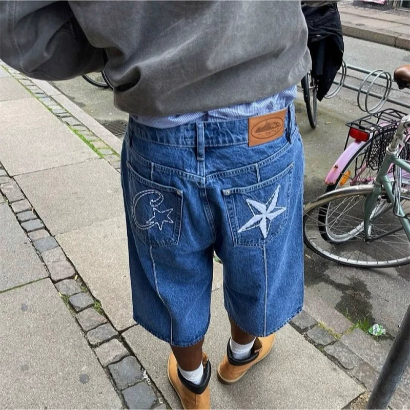 Devil's Island machine embroidered denim shorts for men's summer high street loose five quarter pants with five pointed star design mid waist denim shorts (1)
