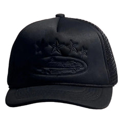 All-Black Vintage Trucker Hat with Tonal Stars and Cruise Ship Graphic