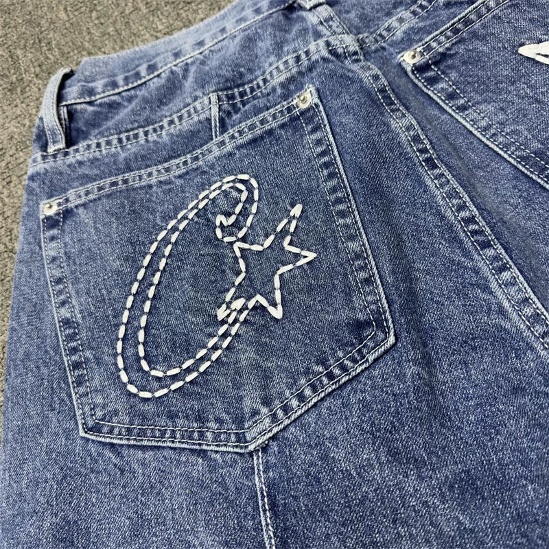 Devil's Island machine embroidered denim shorts for men's summer high street loose five quarter pants with five pointed star design mid waist denim shorts (1)