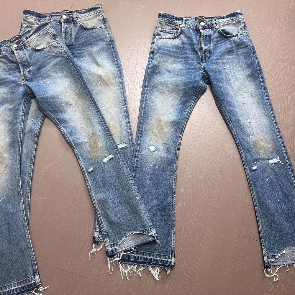 OC produces erd style blue burn damaged washed Vibe jeans for men, American high street ripped micro pull pants