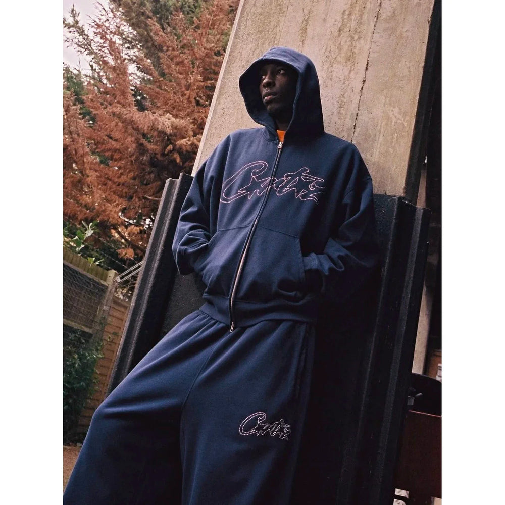 Corteiz Vibe American Street Hip Hop Embroidered Velvet Knitted Cardigan Hoodie Sportswear Men's Trendy Set Coat