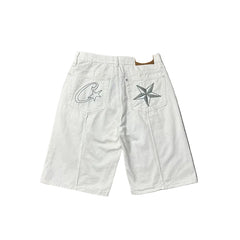 Devil's Island machine embroidered denim shorts for men's summer high street loose five quarter pants with five pointed star design mid waist denim shorts (4)