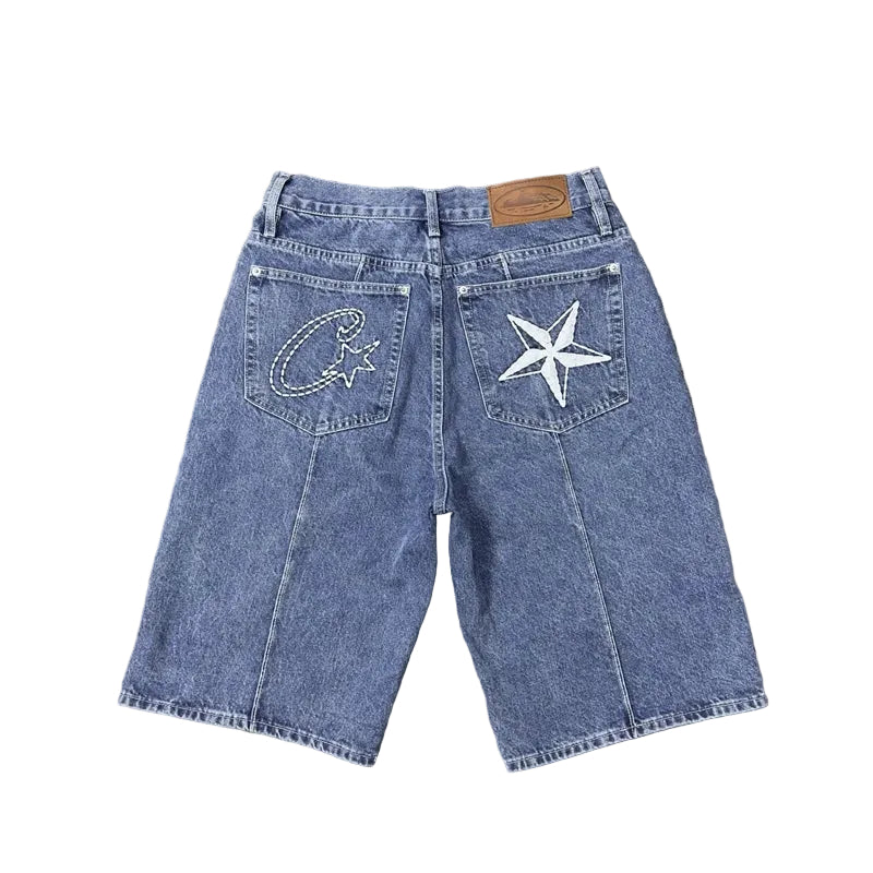 Devil's Island machine embroidered denim shorts for men's summer high street loose five quarter pants with five pointed star design mid waist denim shorts (1)