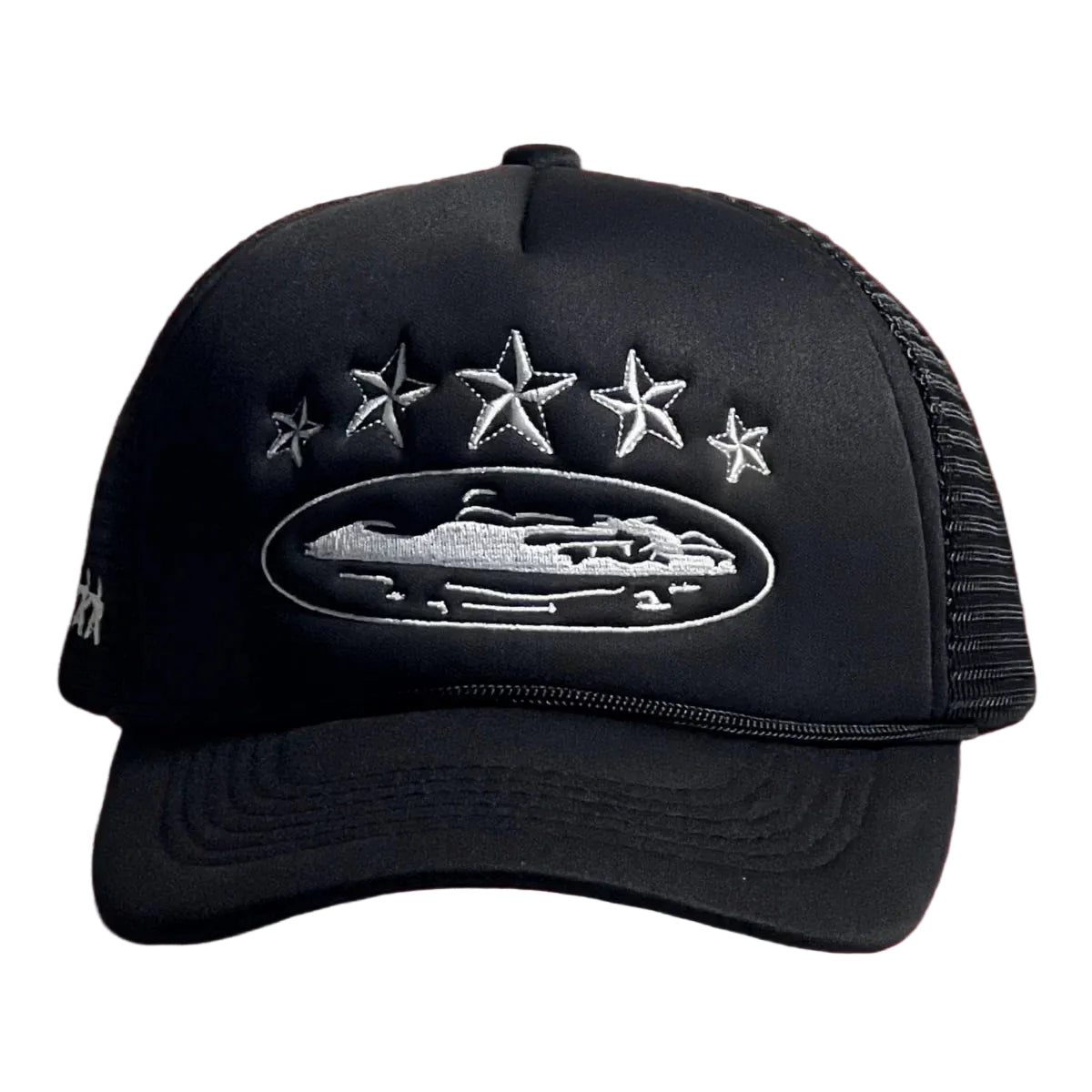 Vintage Black Trucker Hat with Silver Stars and Cruise Ship Graphic