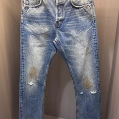 OC produces erd style blue burn damaged washed Vibe jeans for men, American high street ripped micro pull pants