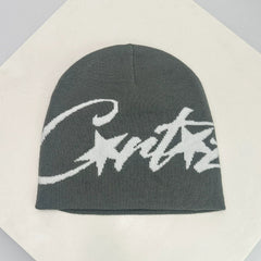 Corteiz Oversized Script Knit Beanie – Black / Grey / Curry