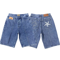 Corteiz Back Star Embroidery Heavyweight Denim Shorts BLue