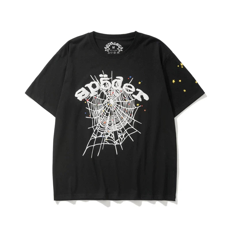 Sp5der White Logo & Spider Web Graphic Black Short Sleeve T-Shirt